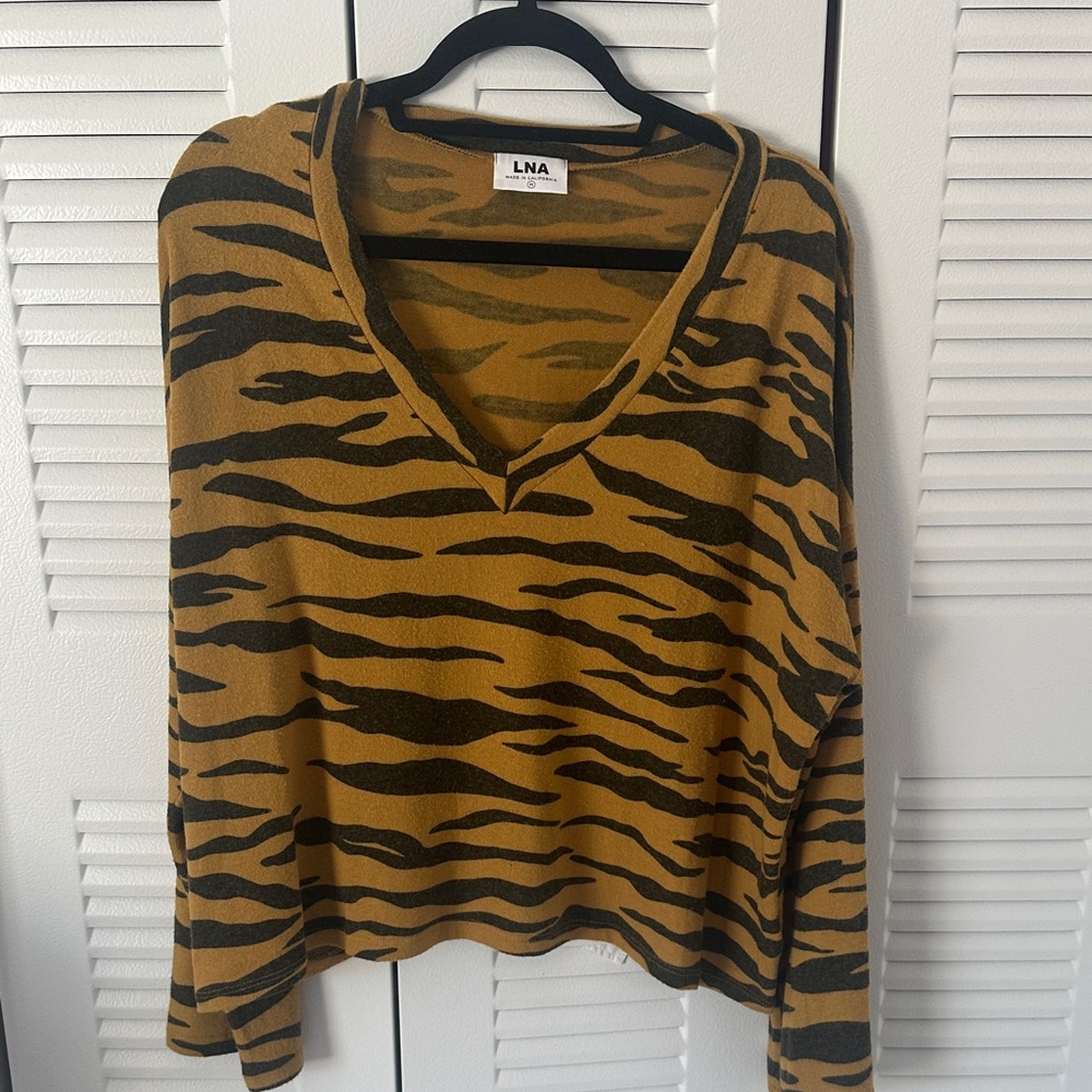 LNA Black and Tan Tiger Print V-Neck Top